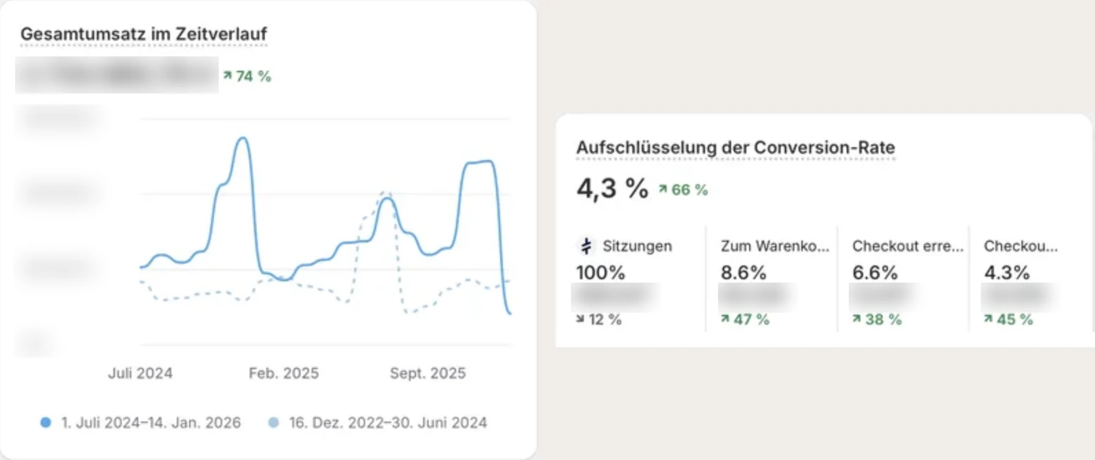 Shop-Statistik: Umsatzverlauf +74 % und Conversion-Rate +66 % gegenüber der Vorperiode